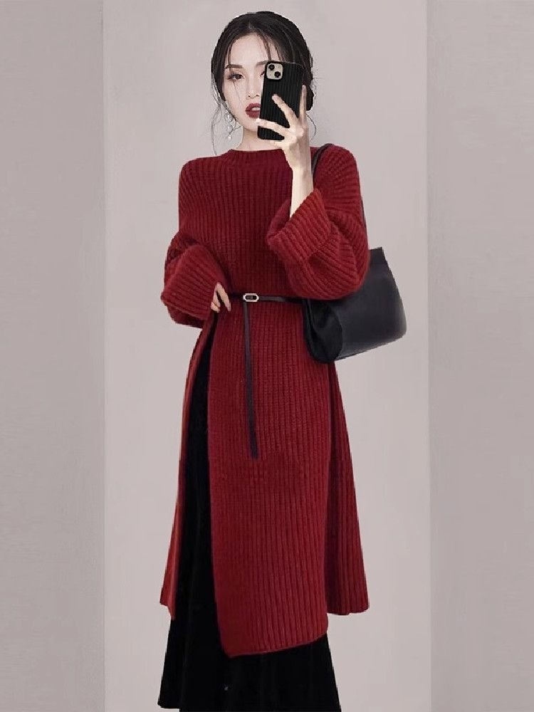 Winter Clothing H&M - Elegantes Rotes Strickkleid für Damen Herbst