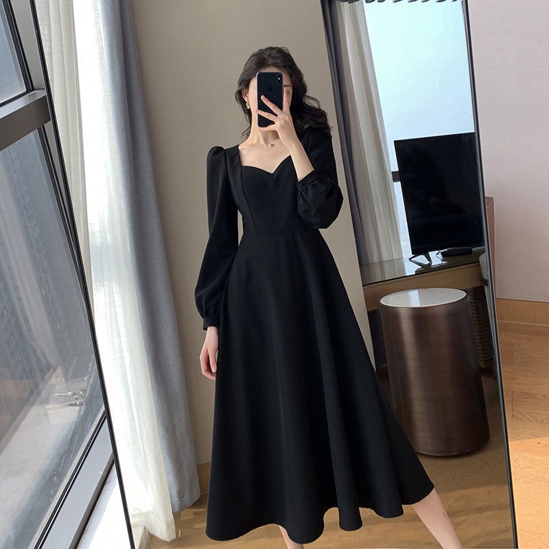 Winter Clothing Colors - Temperament schwarz Midi Kleid Frühling Herbst