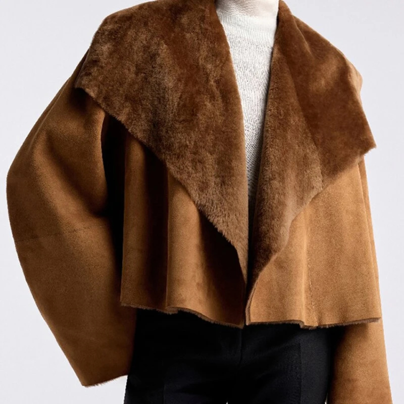 Winter Clothing Pictures - Damen Kunstwildlederjacke, Wendbar, Kurzer Mantel mit