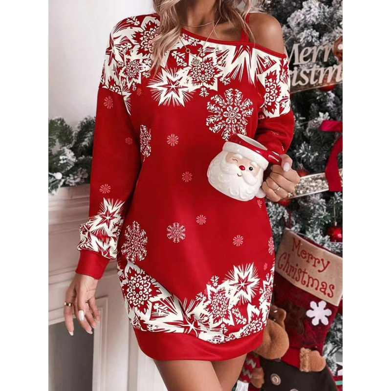 Winter Clothing H&M - Damenkleider 2026 Weihnachten Schneeflocken-Print Langarm Off-Shoulder