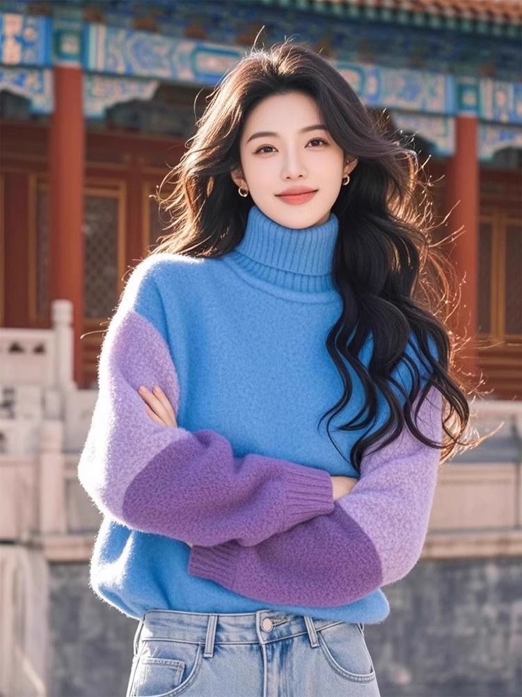 Winter Clothing Colors - Stilvolle Kontrastfarben Gespleißt Pullover Vintage Rollkragen